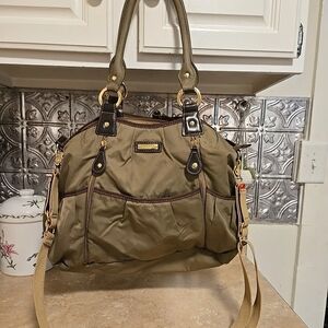 Storksak London Olivia Brown Nylon 10 Pouch Shoulder Diaper Bag 3 Zip Pockets